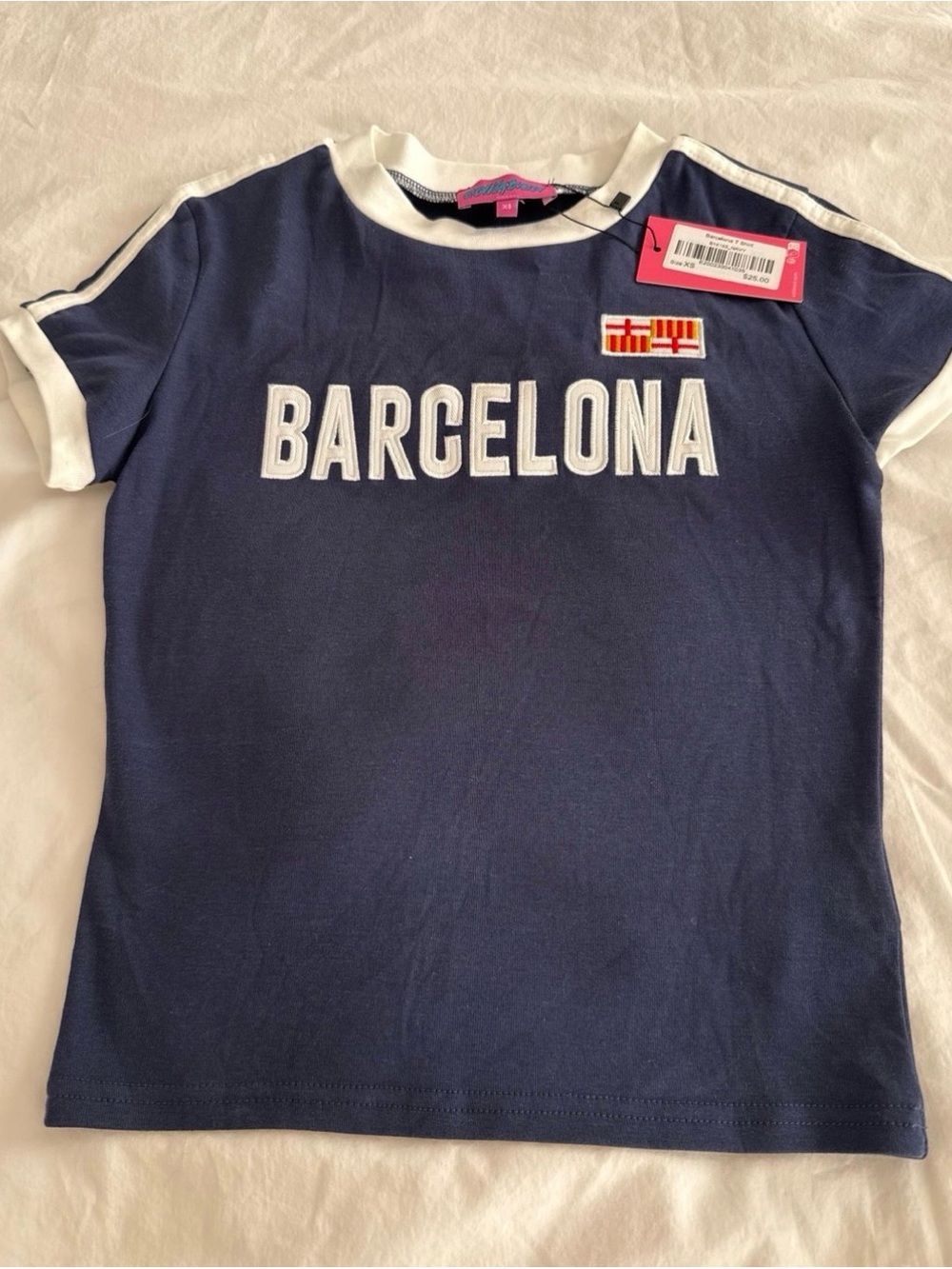 Edikted Navy Short Sleeve Tee with White 'Barcelona' Lettering